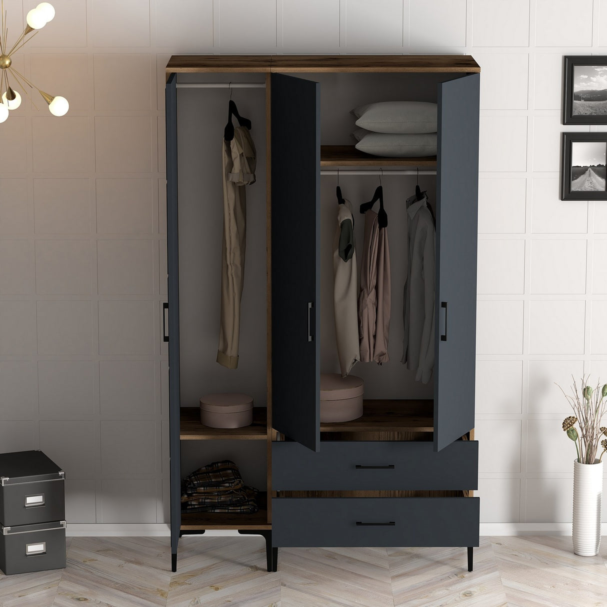 Garderobe Kumual PT Valnød Antracit Melamin 120x47,5x201,4 cm