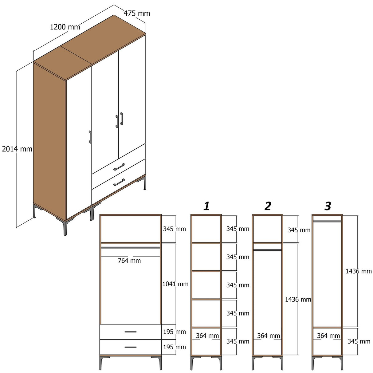 Garderobe Kumual PT Valnød Antracit Melamin 120x47,5x201,4 cm