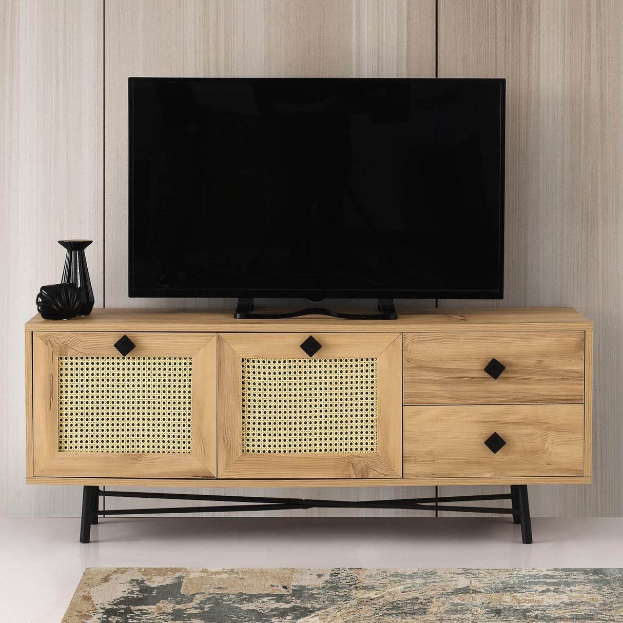 TV Meubels - TV Meubel Hapsiyas Eik Zwart Melamine 140x60x40 cm - Dimehouse