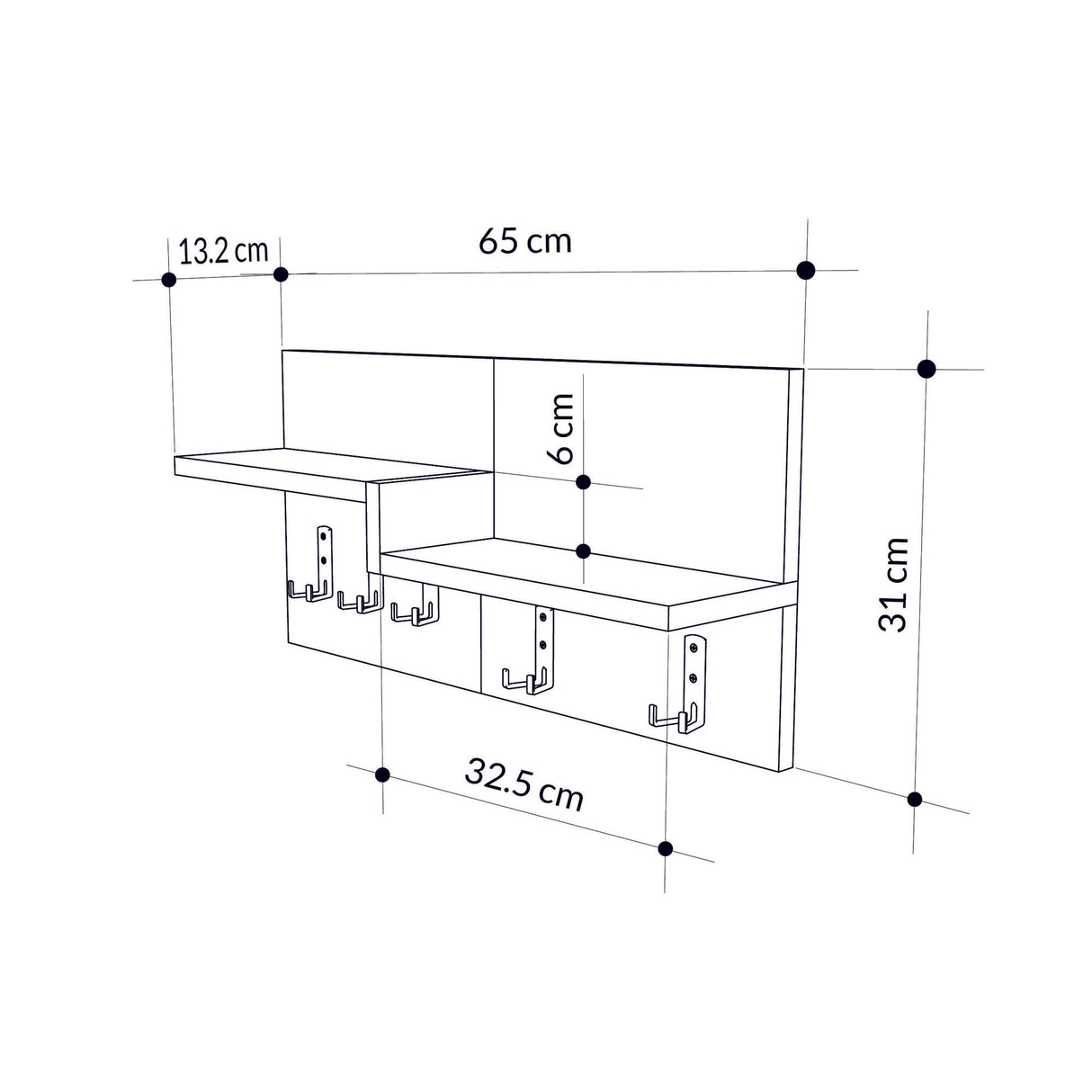Krog 5-Haaks Hvid, Eg Melamin - 65 cm
