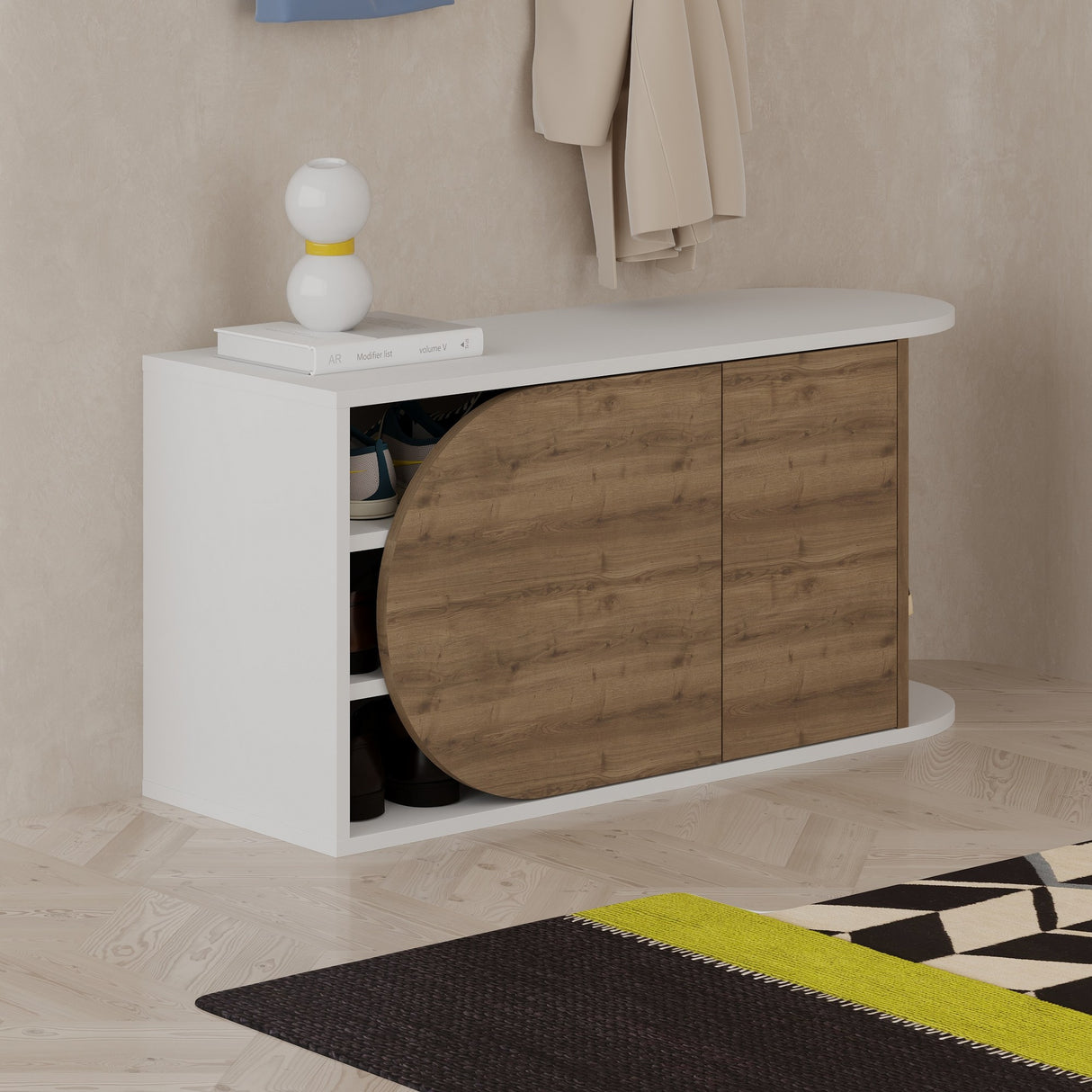Schoenenkasten - Schoenenkast Nova Shoe Bench Naturel Wit Melamine 104x50x37 cm - Dimehouse