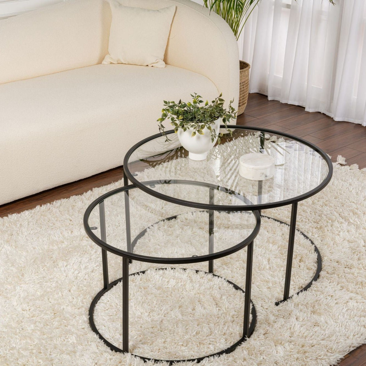 Moderne Rundt Sofabord Sæt med 2 Uru Sort - Gennemsigtigt Glas - 80/60 cm