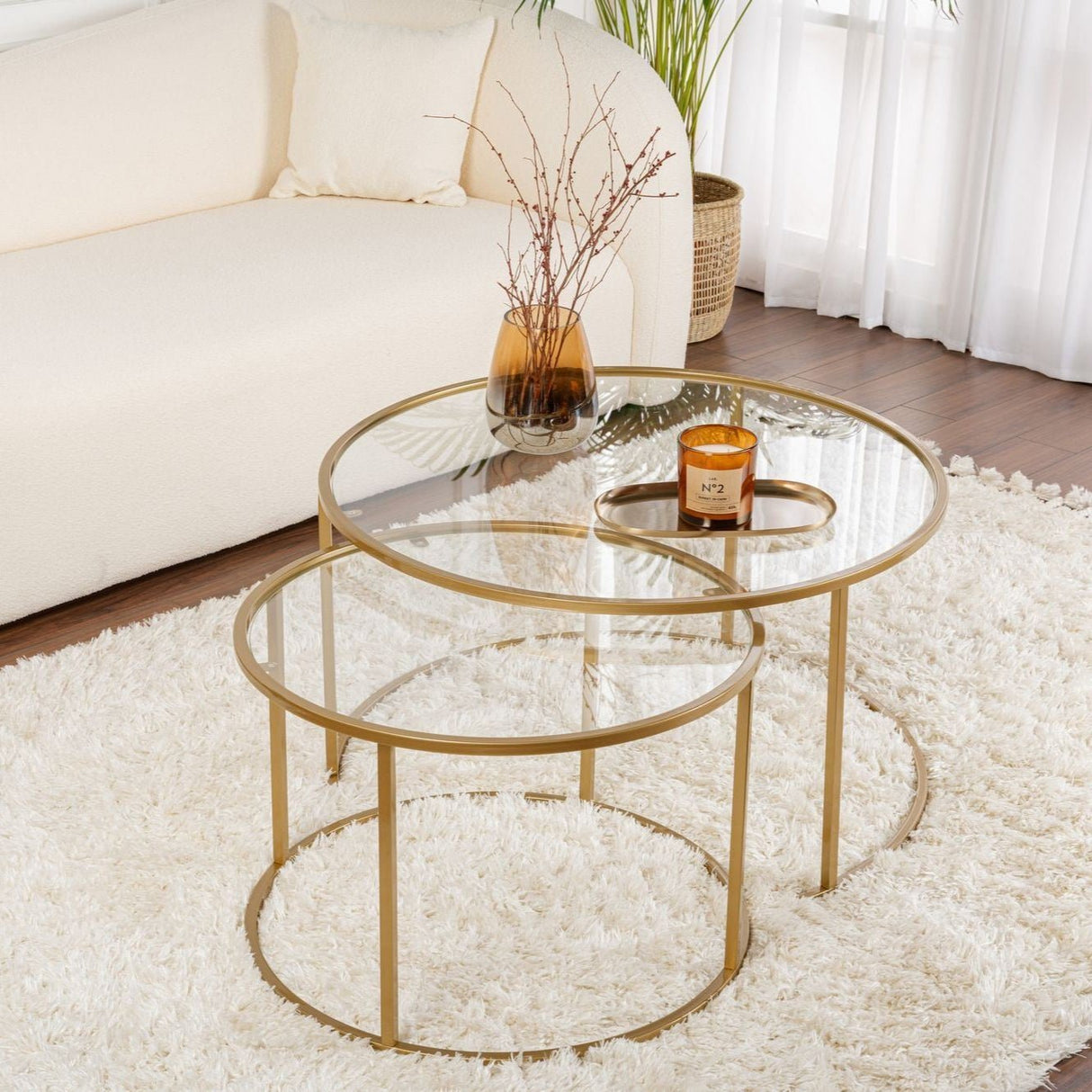 Moderne Rundt Sofabord Sæt med 2 Uru Guld - Gennemsigtigt Glas - 80/60 cm