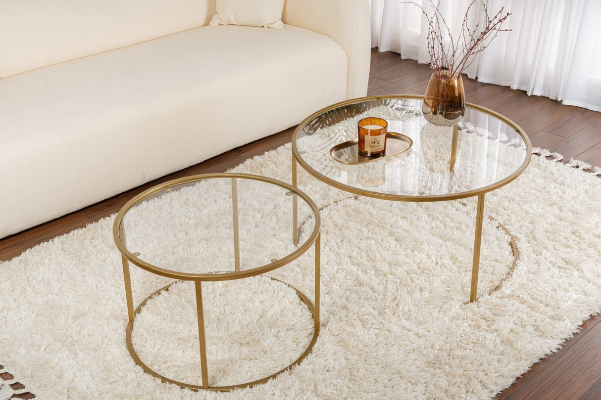 Moderne Rundt Sofabord Sæt med 2 Uru Guld - Gennemsigtigt Glas - 80/60 cm