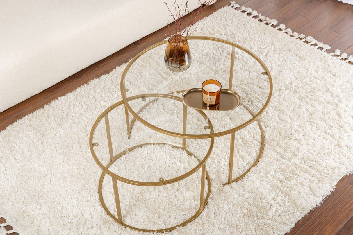 Moderne Rundt Sofabord Sæt med 2 Uru Guld - Gennemsigtigt Glas - 80/60 cm
