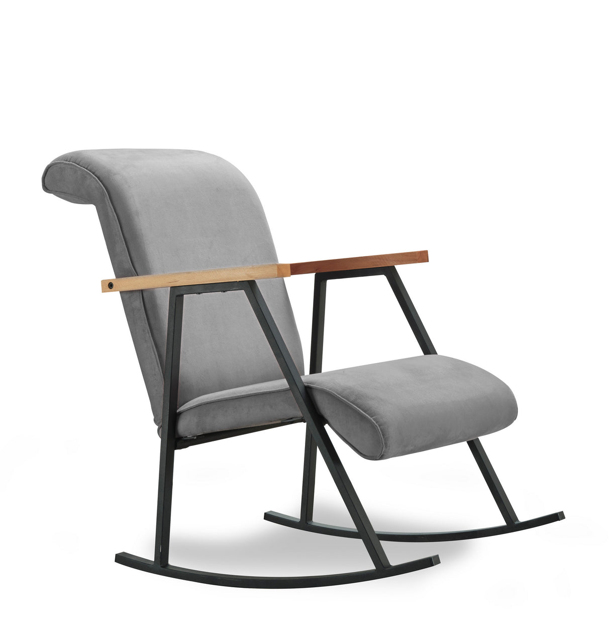 Fauteuils - Retro schommelstoel grijs velvet met beukenhout armleuning Yoka - Dimehouse
