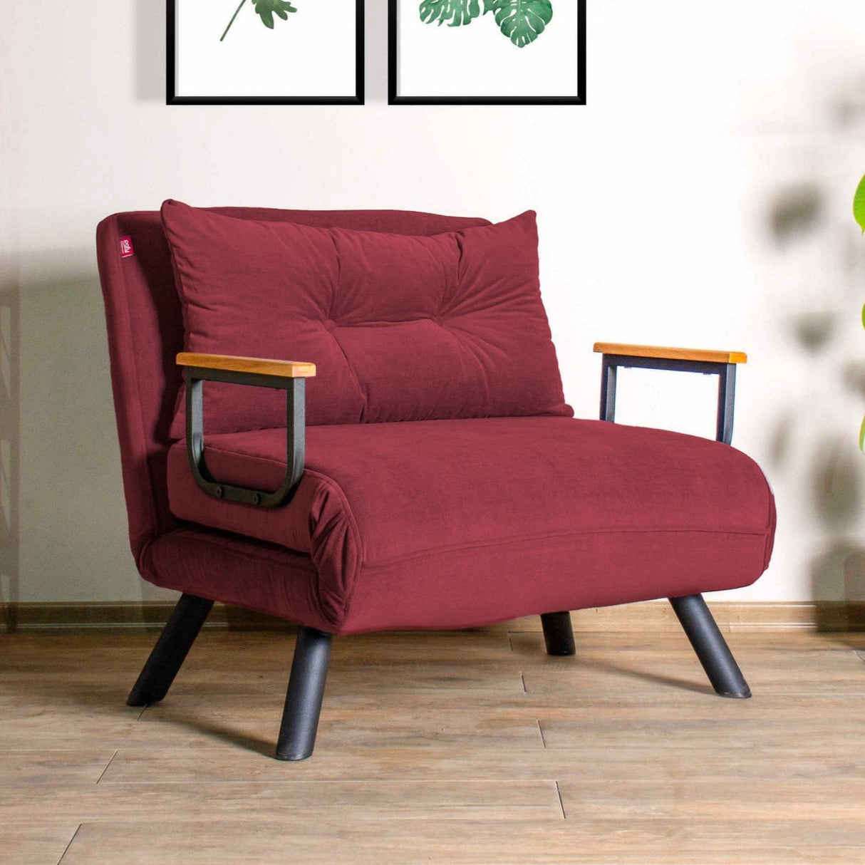 Fauteuils - Scandinavische slaapfauteuil Bordeaux Rood stof linnen look Sando - Dimehouse