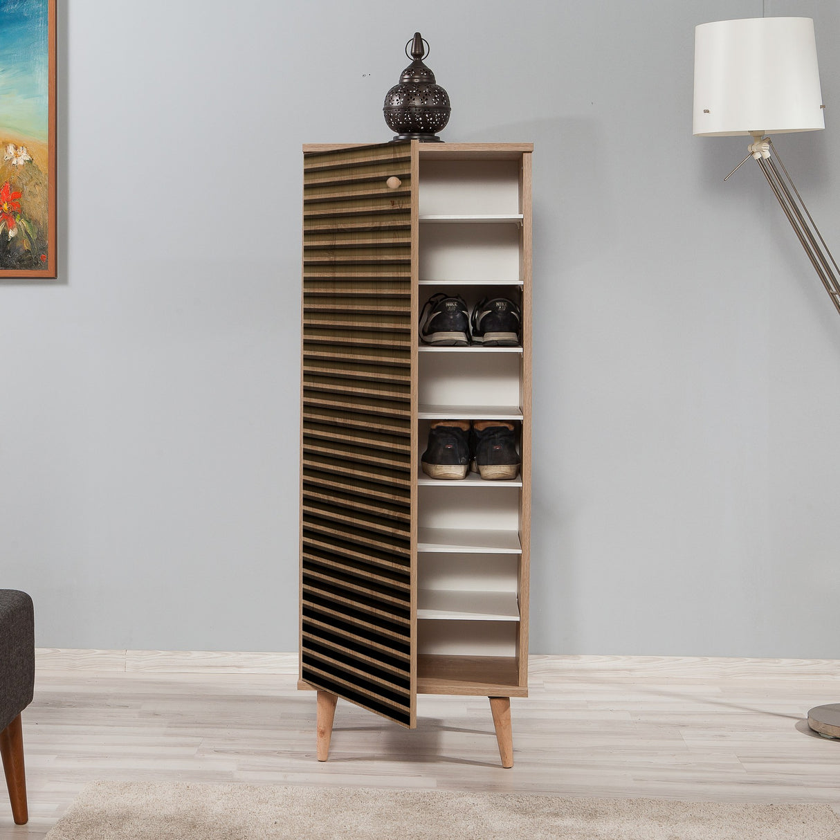 Schoenenkasten - Schoenenkast Filinta Sonoma Eik Gestreept Melamine 50x135x38 cm - Dimehouse