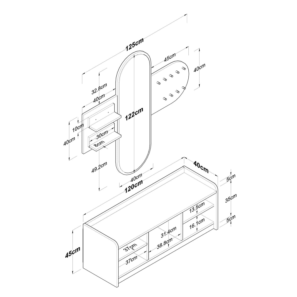 Møbel sæt Knagerække - Spejl - Sko skab - Hvid-Valnød Melamin