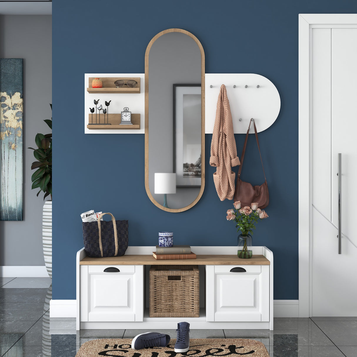 Møbel sæt Knagerække - Spejl - Sko skab - Hvid-Valnød Melamin