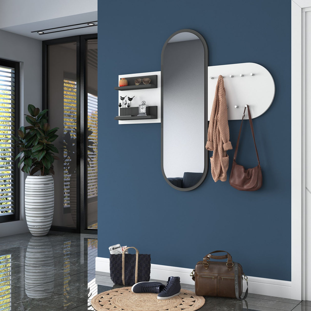 Kapper Hvid Melamin 9-Kroge - Med Spejl - To Hylder