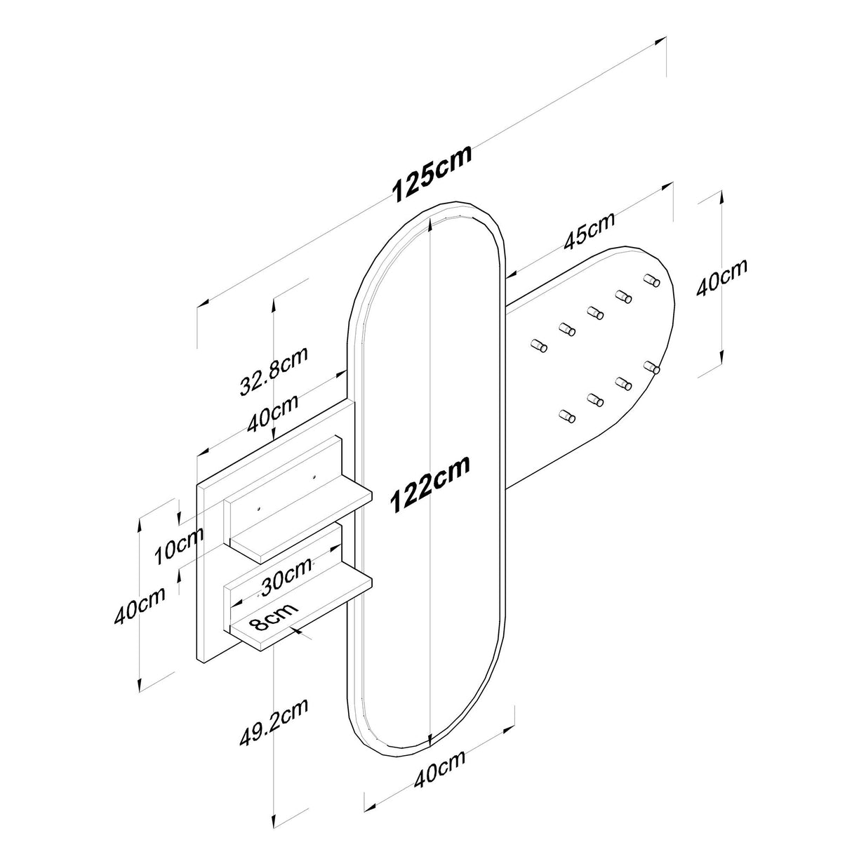 Kapper Hvid Melamin 9-Kroge - Med Spejl - To Hylder