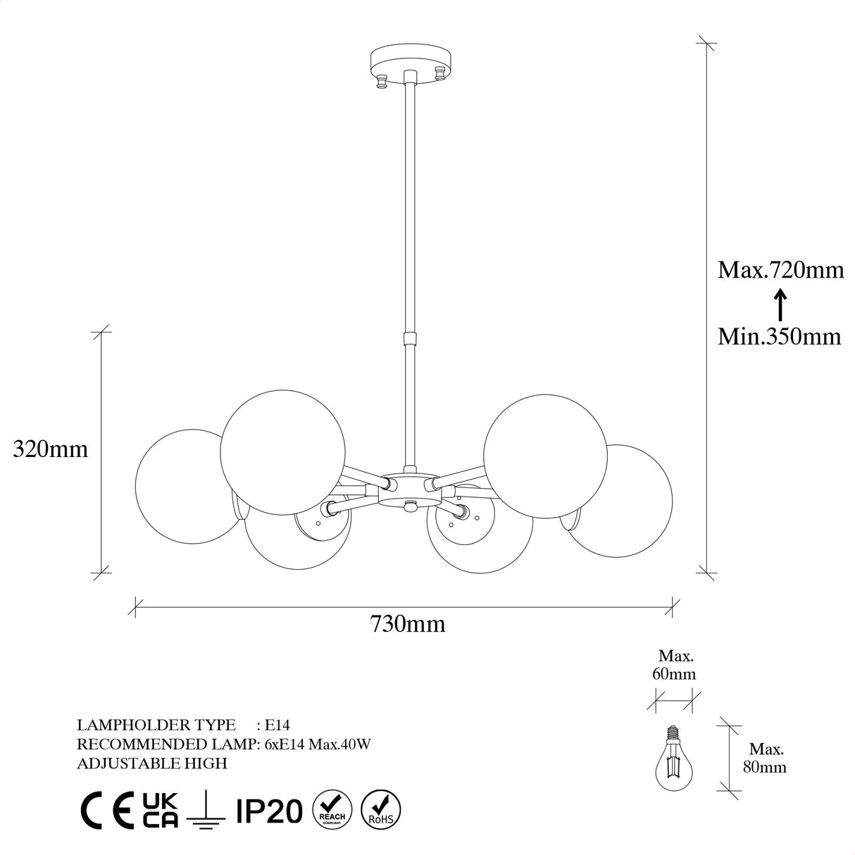 Hængelampe 6-lys Bronze med Hvid Skærm Metal Flint
