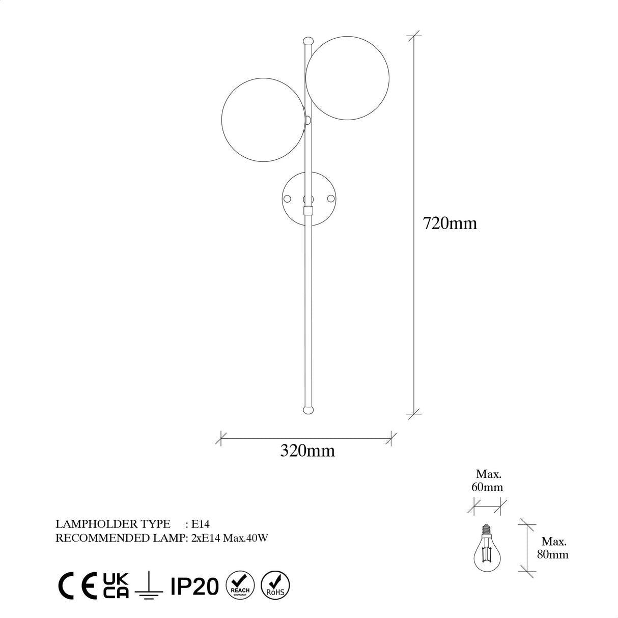 Væglampe 2-lys Guld Glas Radiance