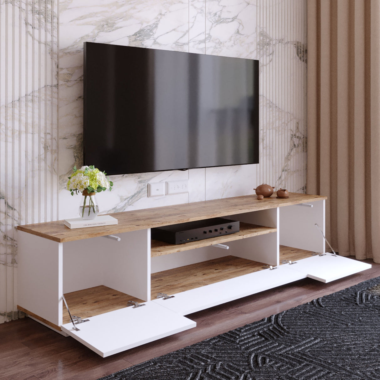 TV Meubels - TV Meubel Salerno Atlantisch Dennenhout Wit Melamine 180x44,6x44,5 cm - Dimehouse