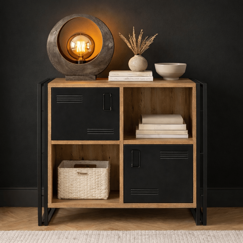 Industriel skænk fyrretræ melamin sort metal Cosmo 89x89x35 cm