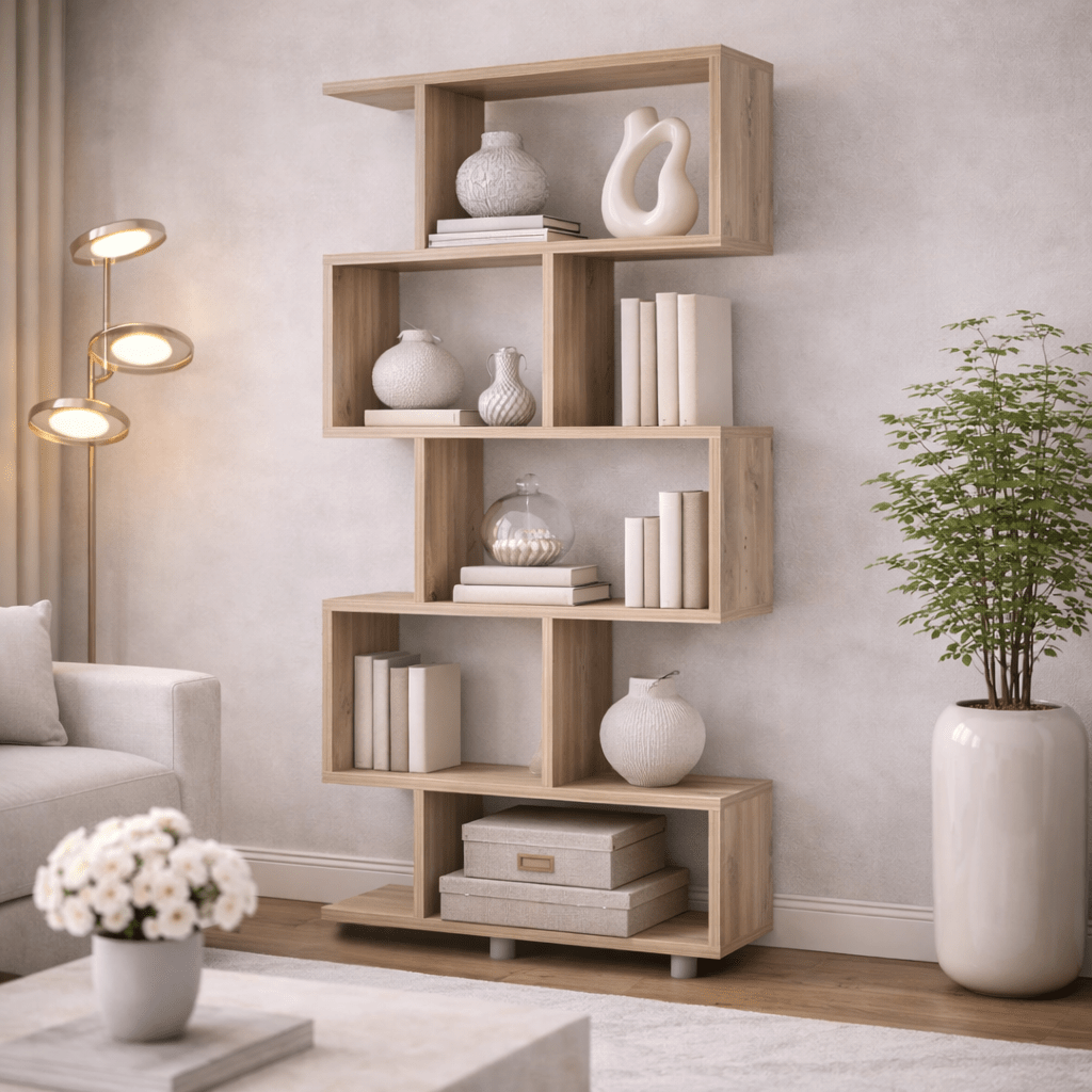 Boekenkasten - S - vormige boekenkast eiken melamine Elif 90x156x20 cm - Dimehouse