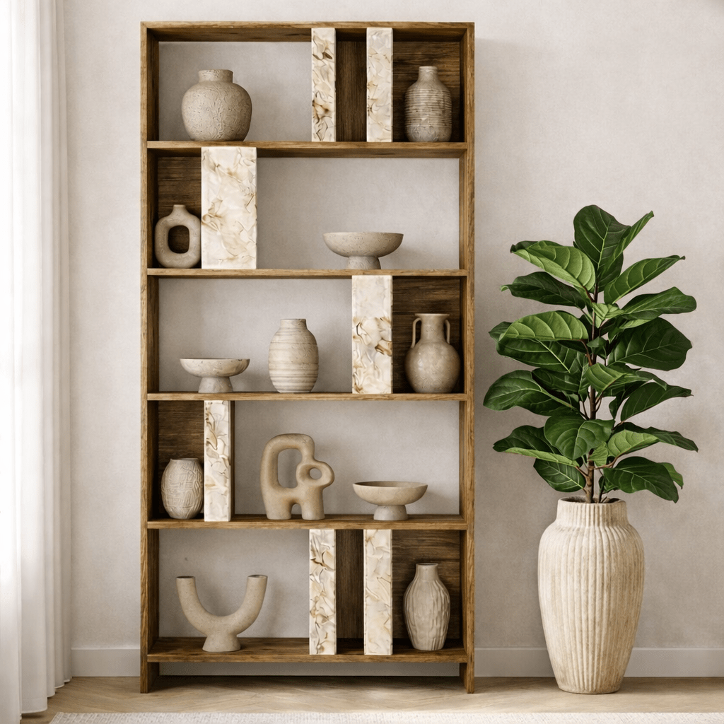 Asymmetrisk reol marmor look valnød melamin Lima 90x180x20 cm