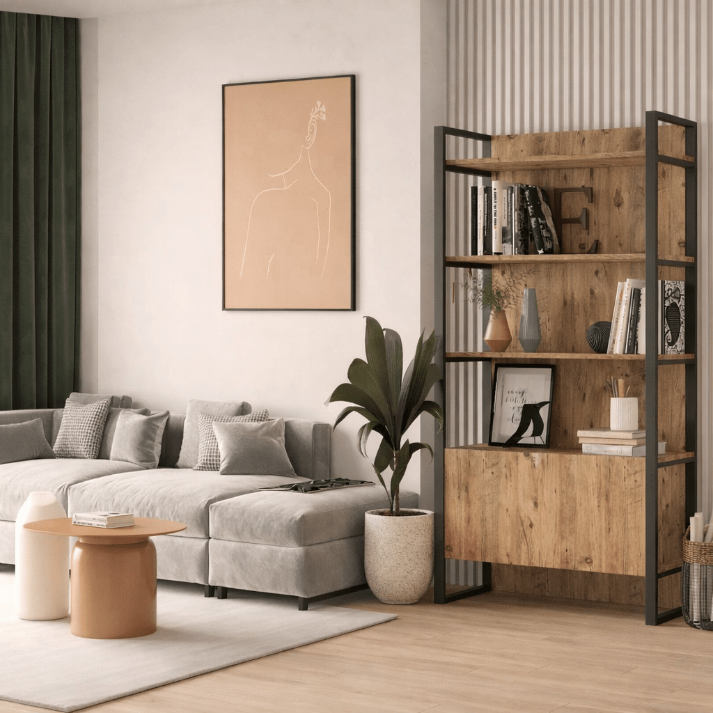 Industriel reol med hylder og lukket opbevaringsrum fyrretræ melamin Lyra 90x180x34 cm