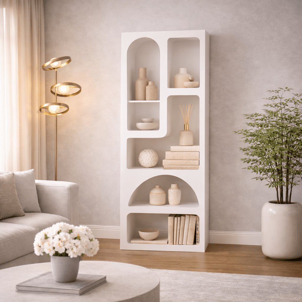 Reol med organiske former hvid melamin Nolen 60x150x32 cm