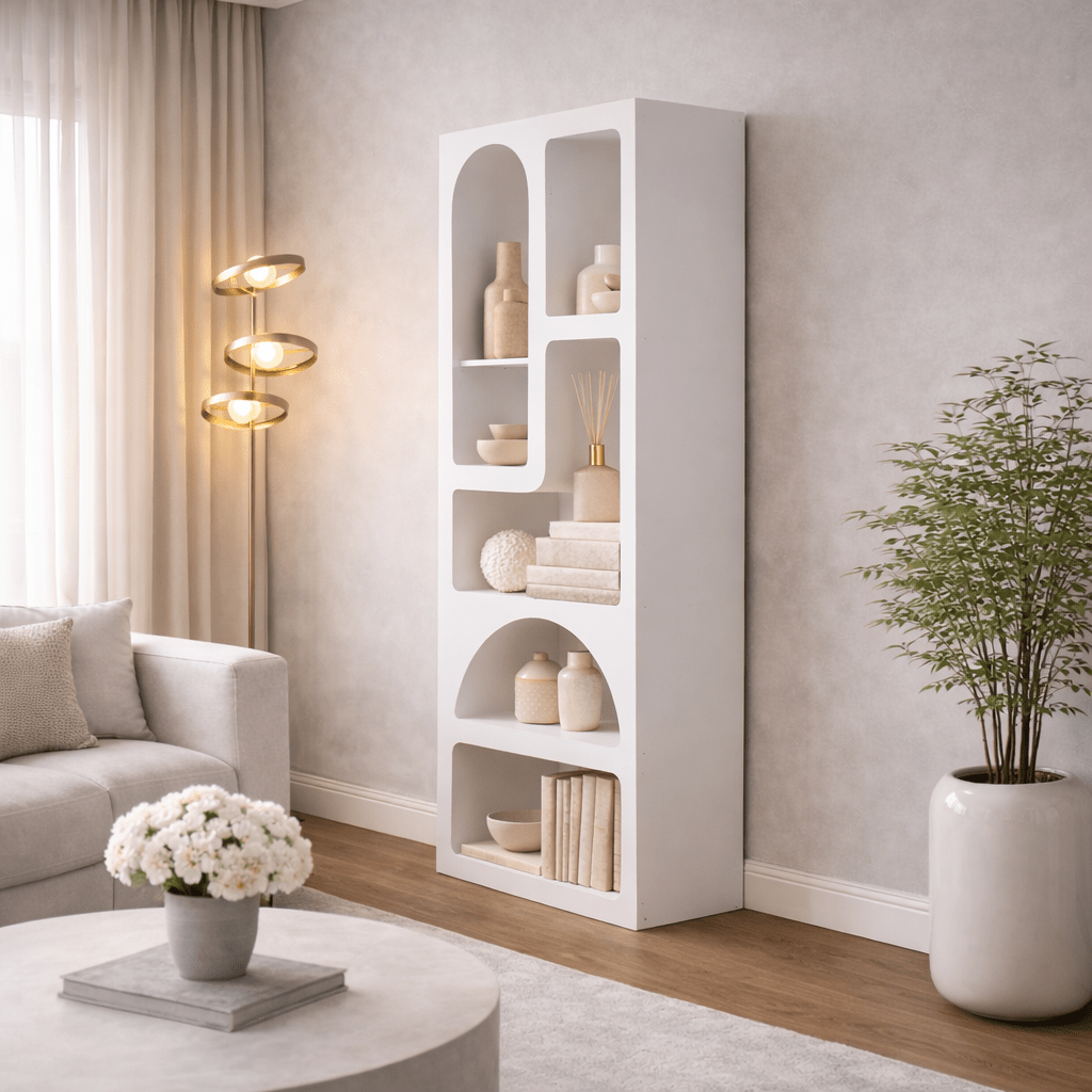 Reol med organiske former hvid melamin Nolen 60x150x32 cm
