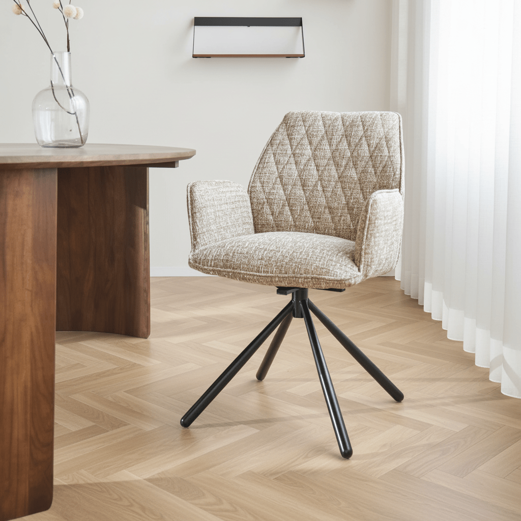 Roterbar spisestuestol Beige Novan Chenille – 180° drejeligt stemningsbillede i et moderne interiør