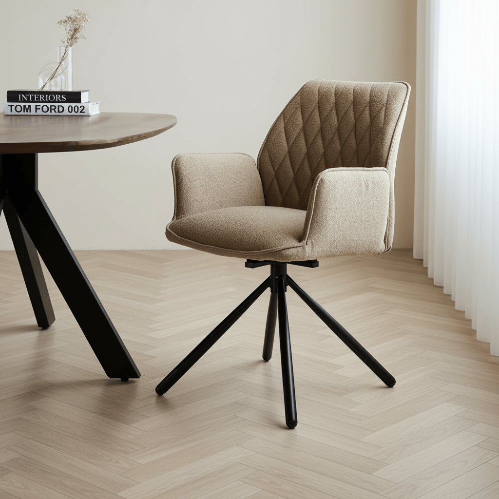 Roterbar spisestuestol Taupe Bouclé Novan – 180° drejeligt stemningsbillede i et moderne interiør