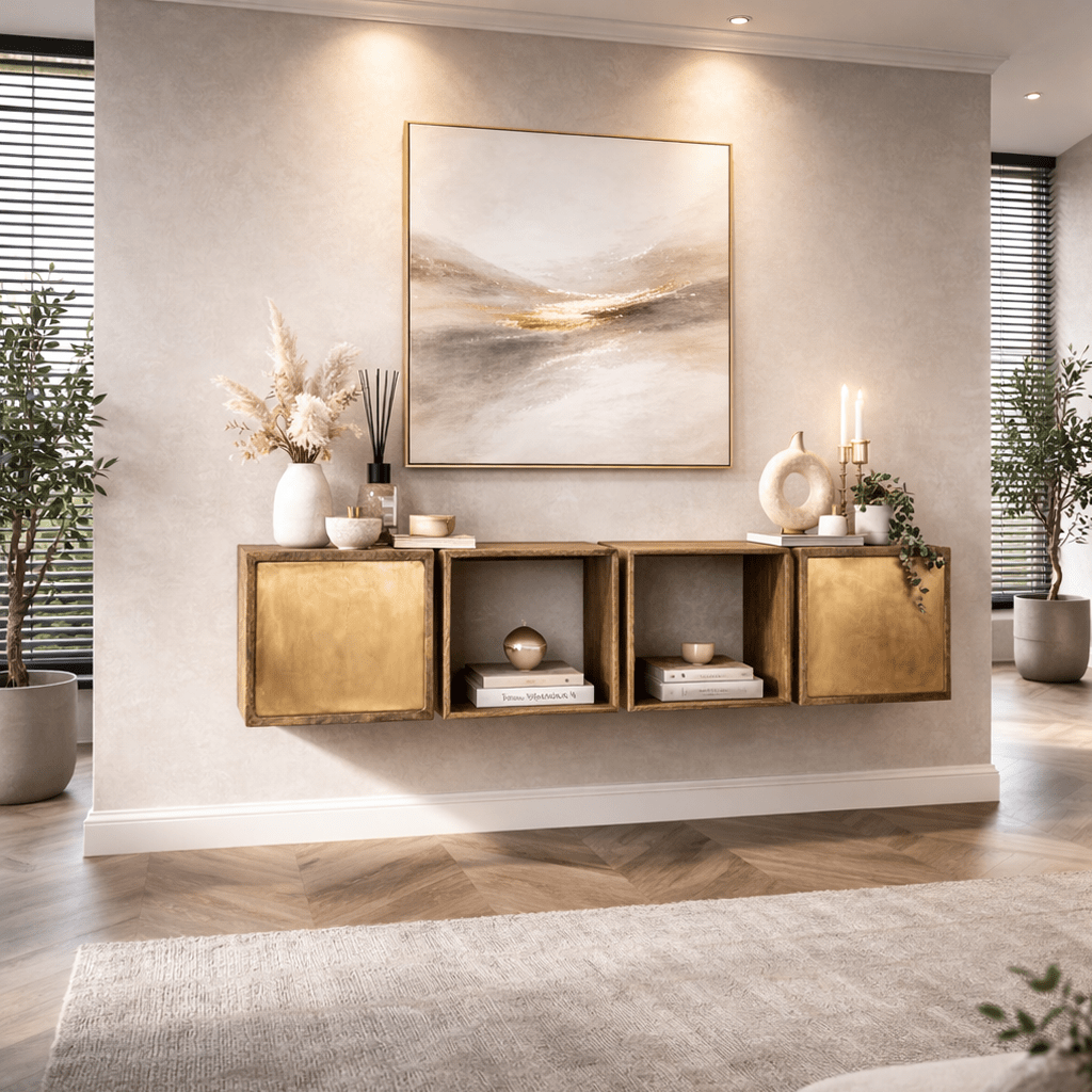 Hængende skab Maceo - Mango træ Sand med messingdetaljer 169 cm