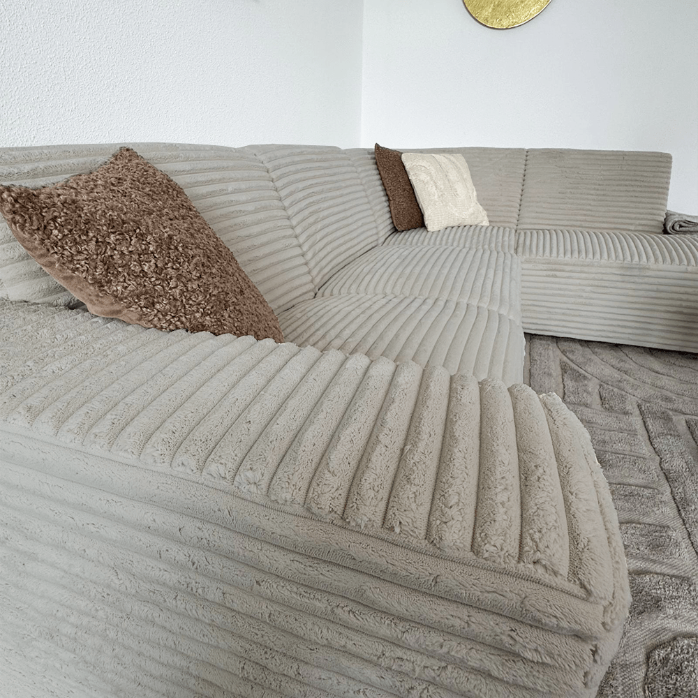 Hjørnesofa beige super blødt ribstof Gavi - højre
