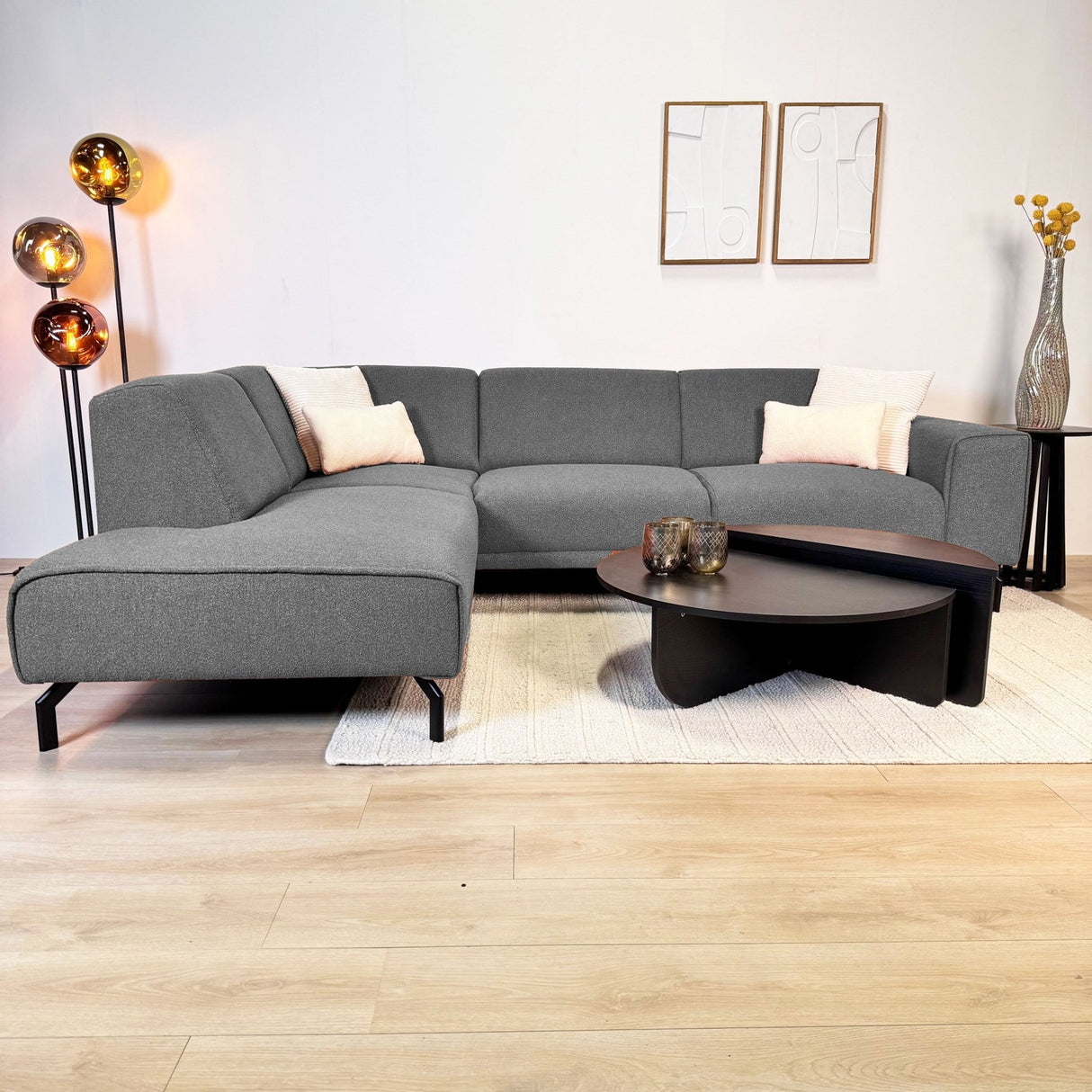 Hjørnesofa grå bouclé stof Maël - venstre