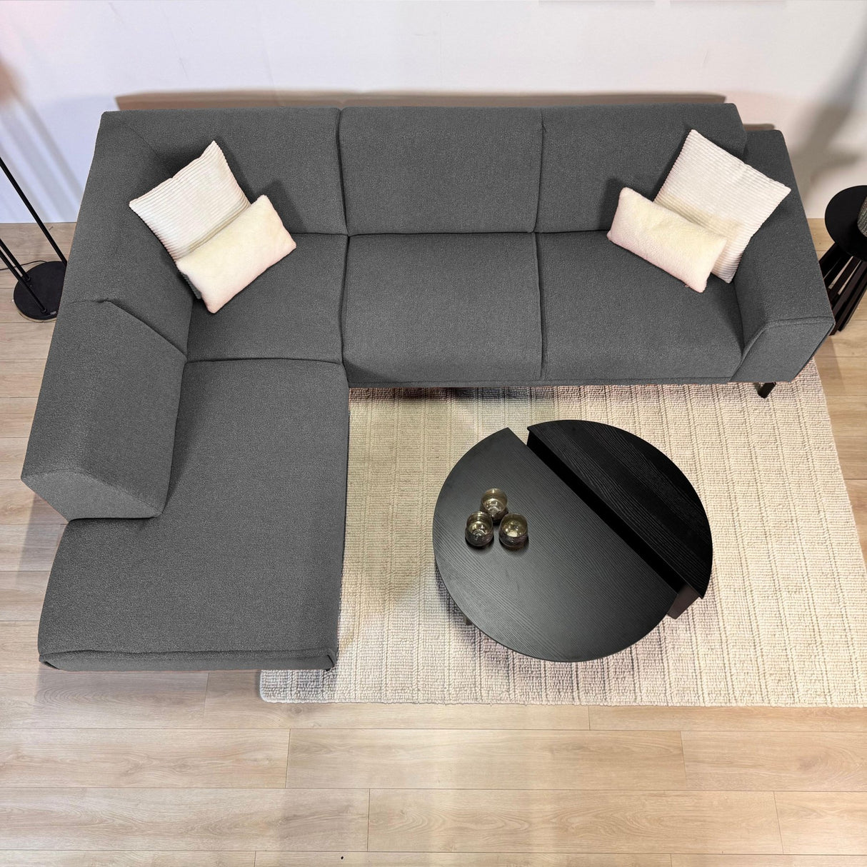 Hjørnesofa grå bouclé stof Maël - venstre