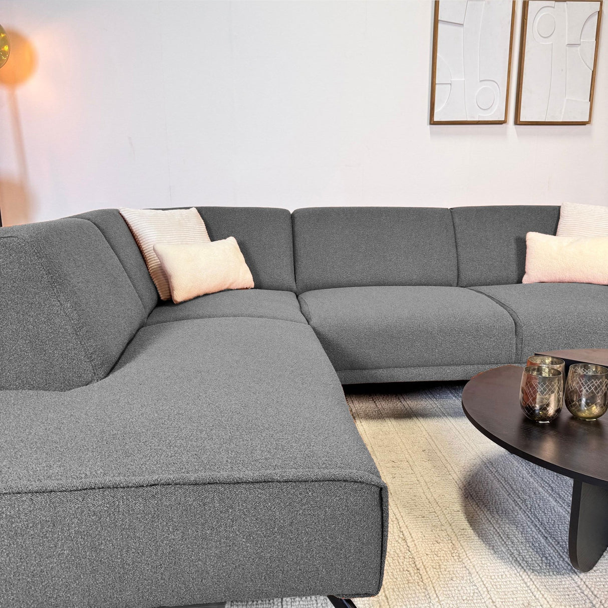 Hjørnesofa grå bouclé stof Maël - venstre