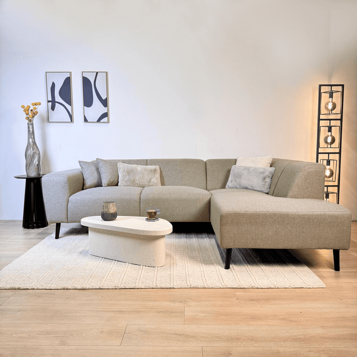 Hjørnesofa med kompakt lounge beige genbrugt stof Moby - højre