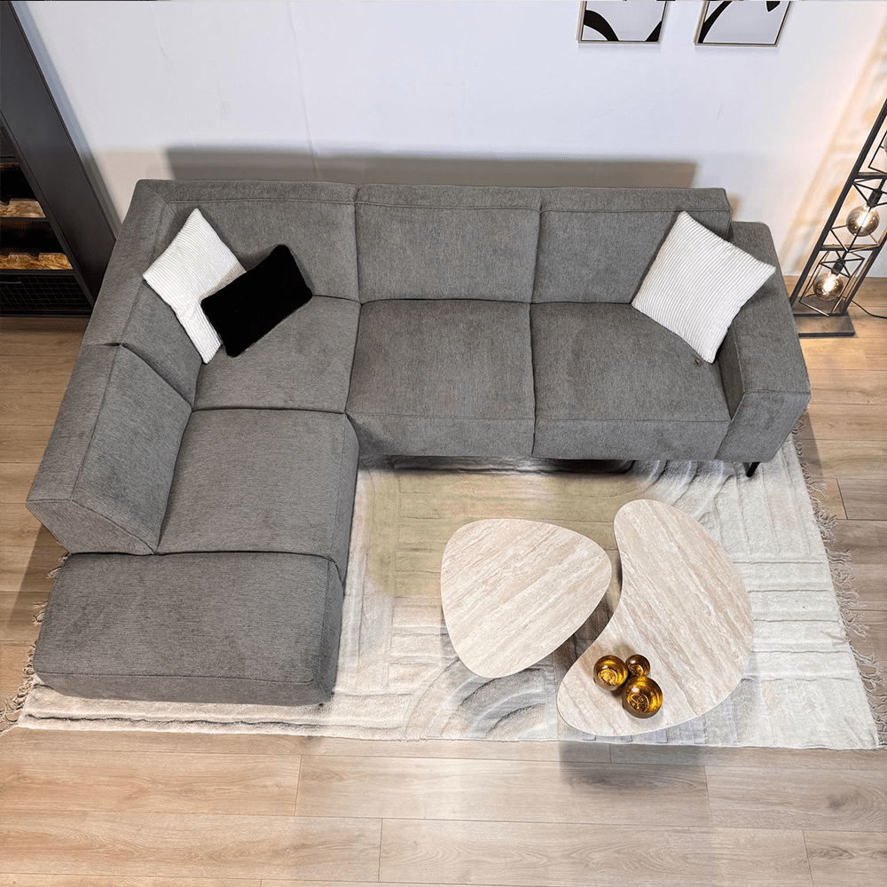 Lænestue i taupe chenille med mønster Ravi – højre