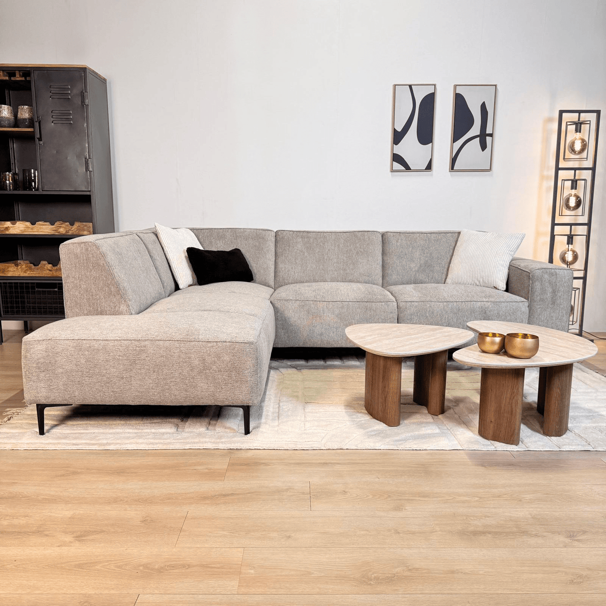 Hjørnesofa grå chenille mønstret Ravi – Venstre