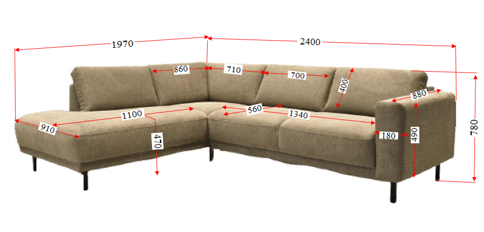 Moderne 3-personers hjørnesofa højre beige stof Aniko med liggestol 240x197x78 cm