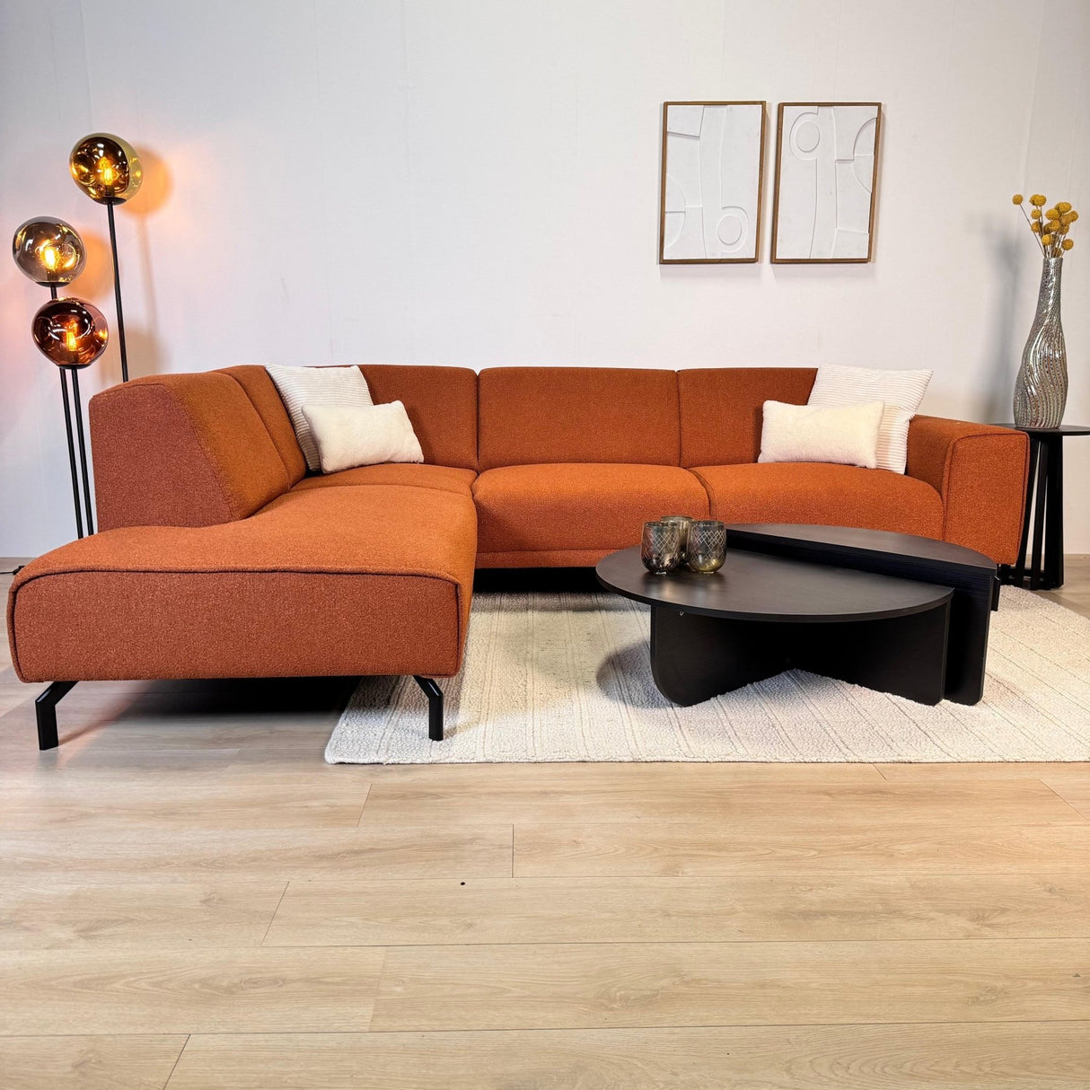 Hjørnesofa terrakotta bouclé stof Maël - venstre