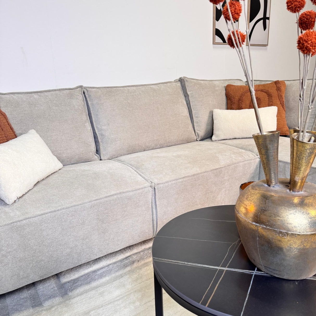 Hjørnesofa med chaise longue beige chenille Yara - højre