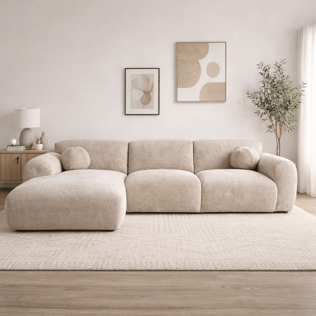 Hoekbank met lounge beige chenille stof Shane - links