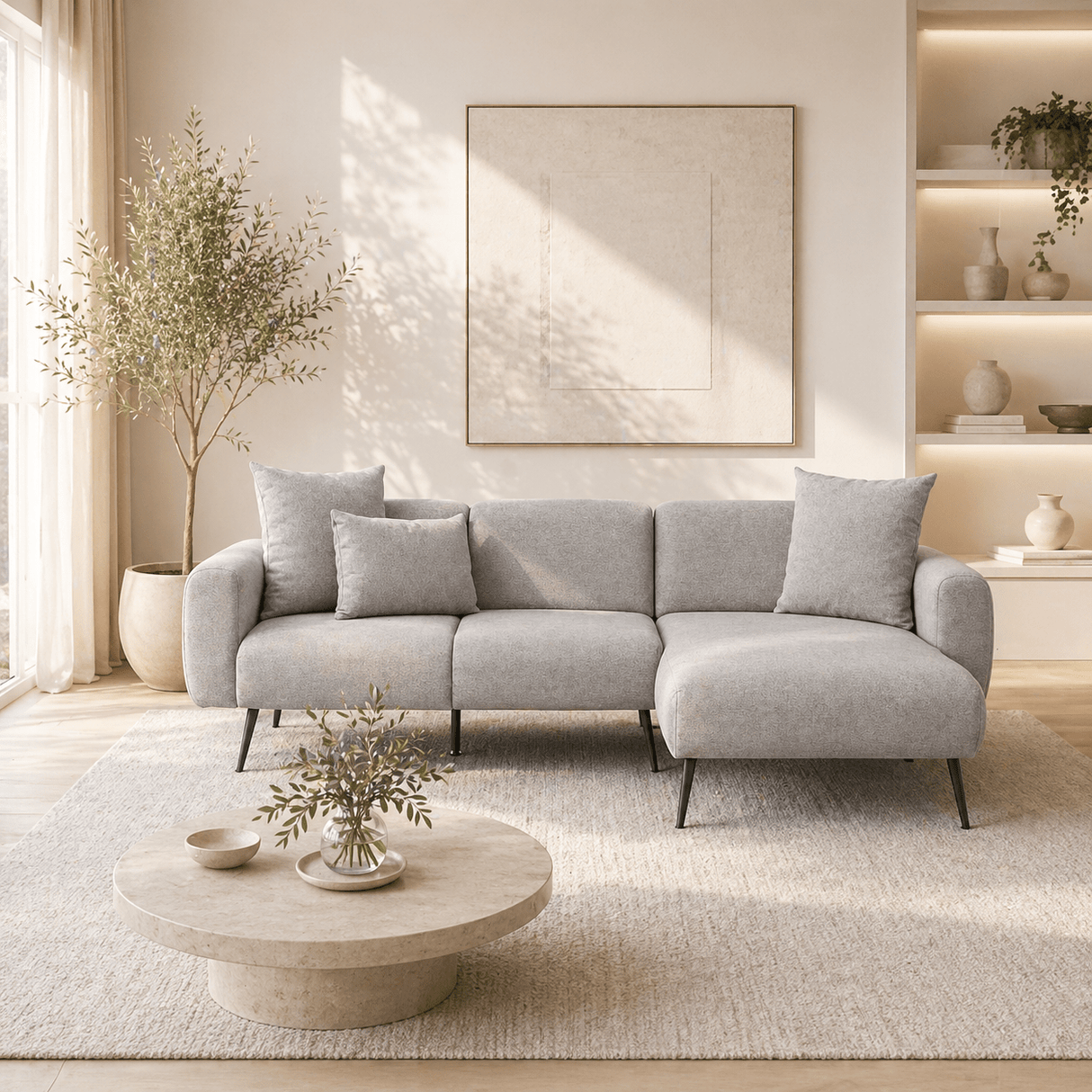 Hjørnesofa gråt stof - Høje slanke ben - solidt interiør - 252 x 155 cm - Side