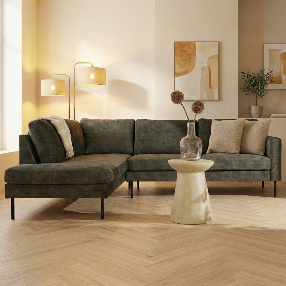 Hjørnesofa grøn velour høje ben Gaya - venstre