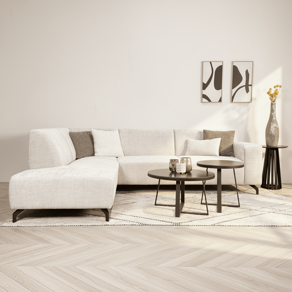 Hjørnesofa med chaiselong beige chenille stof Manon - venstre