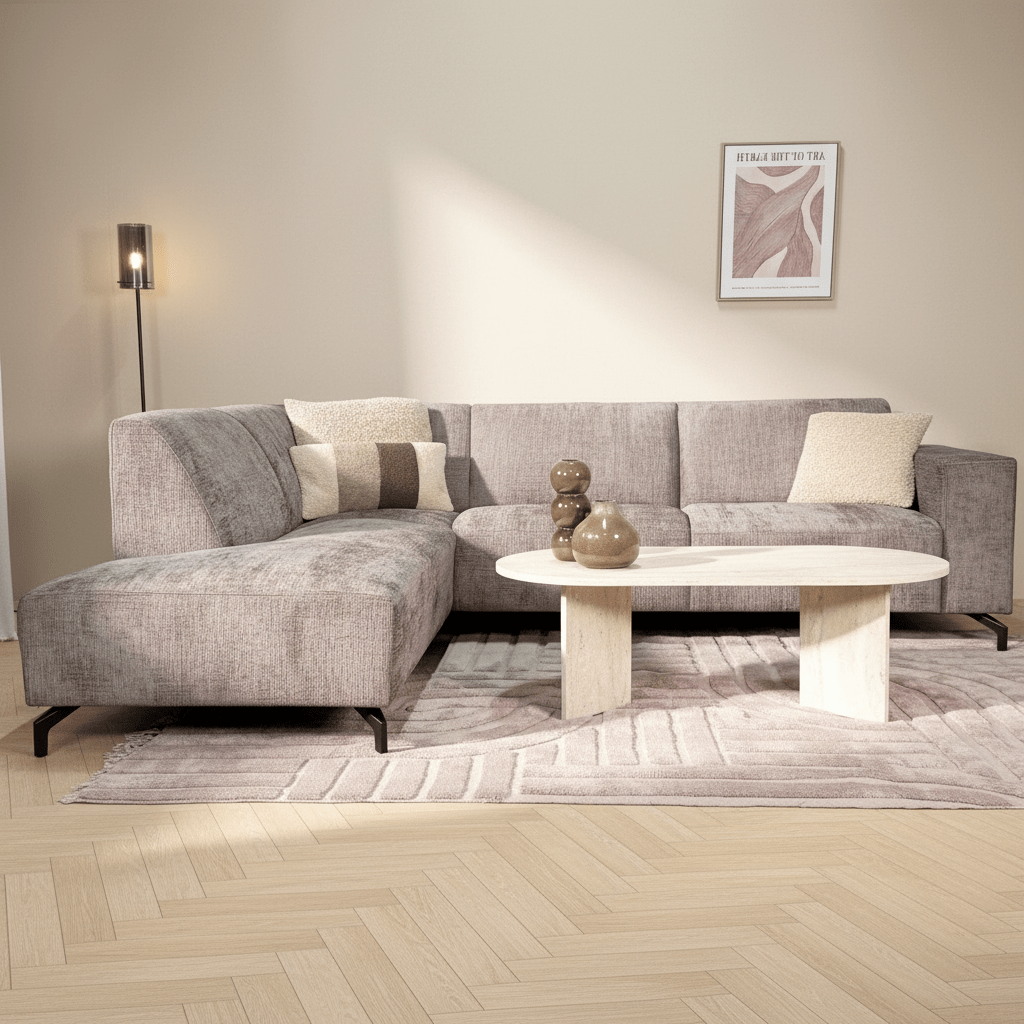 Hjørnesofa med chaise longue taupe chenille stof Manon - venstre