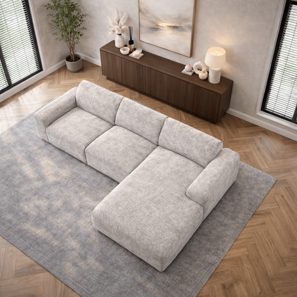 Hoekbank met lounge beige chenille stof Shane - rechts