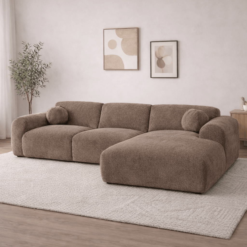 Hoekbank met lounge taupe chenille stof Shane - rechts