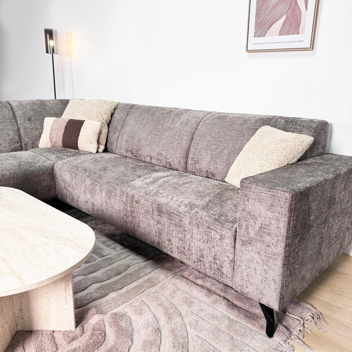 Hjørnesofa med chaise longue taupe chenille stof Manon - venstre