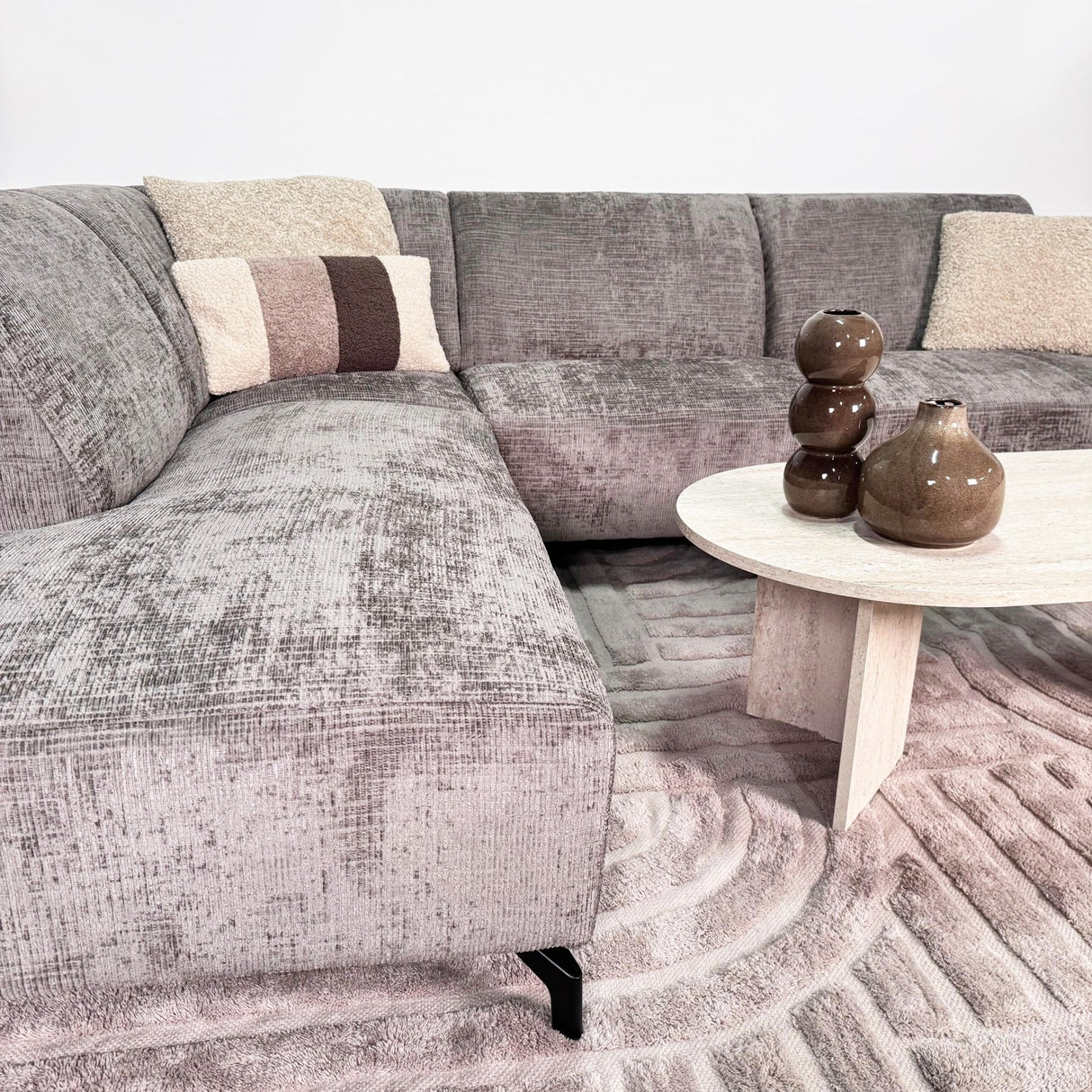 Hjørnesofa med chaise longue taupe chenille stof Manon - venstre