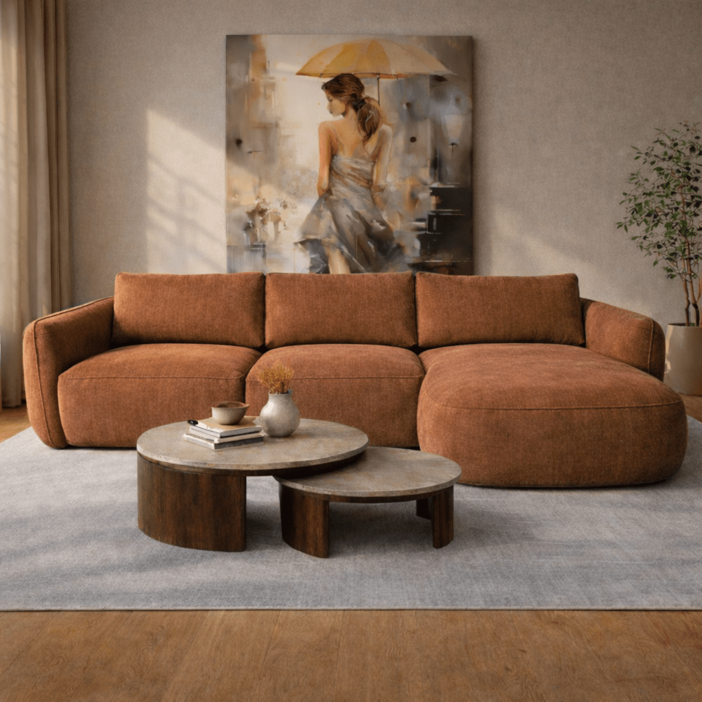 Hoekbank chaise longue koper structuurstof Dwayne - rechts