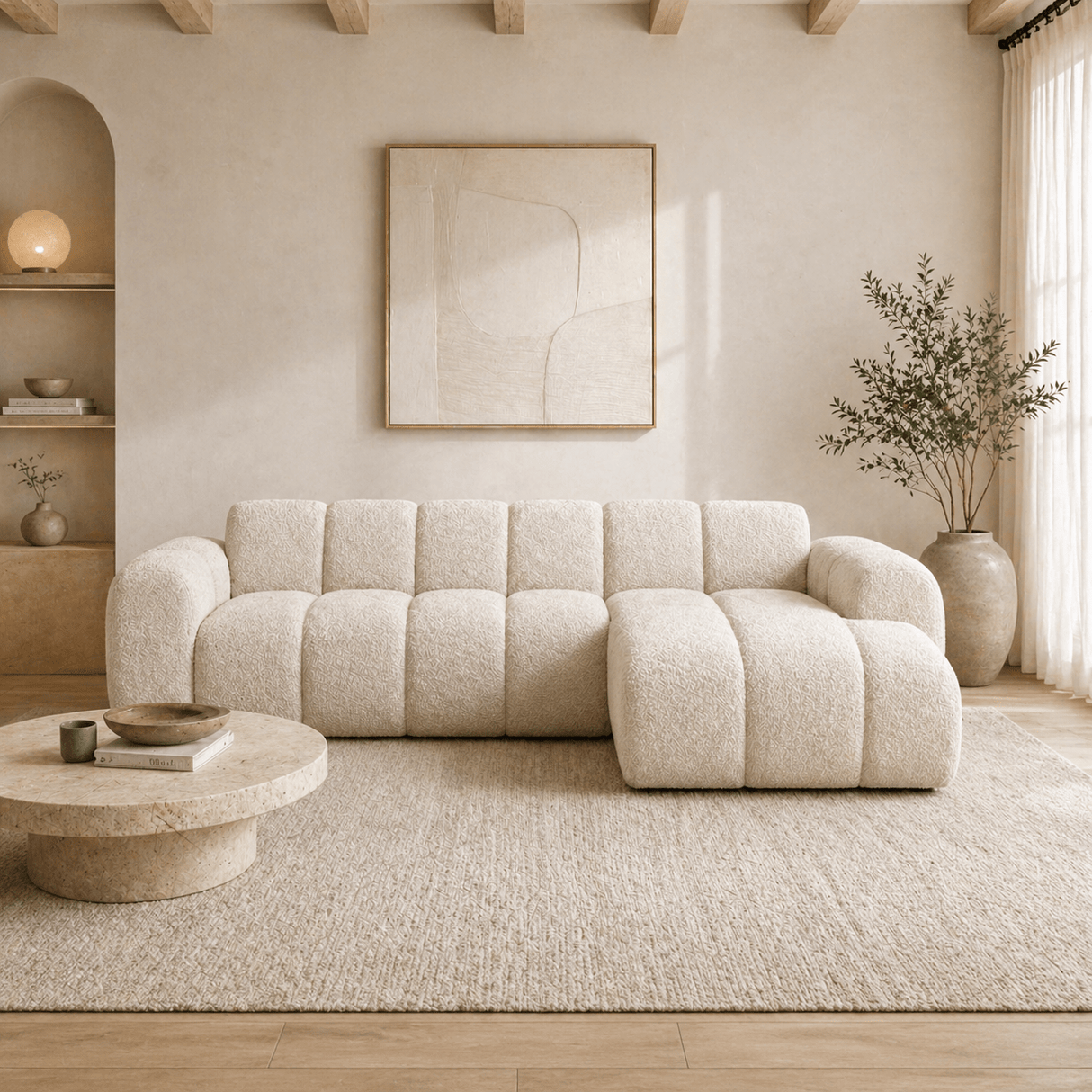 Hjørnesofa med lounge beige bouclé stof - striber - højre - Brix