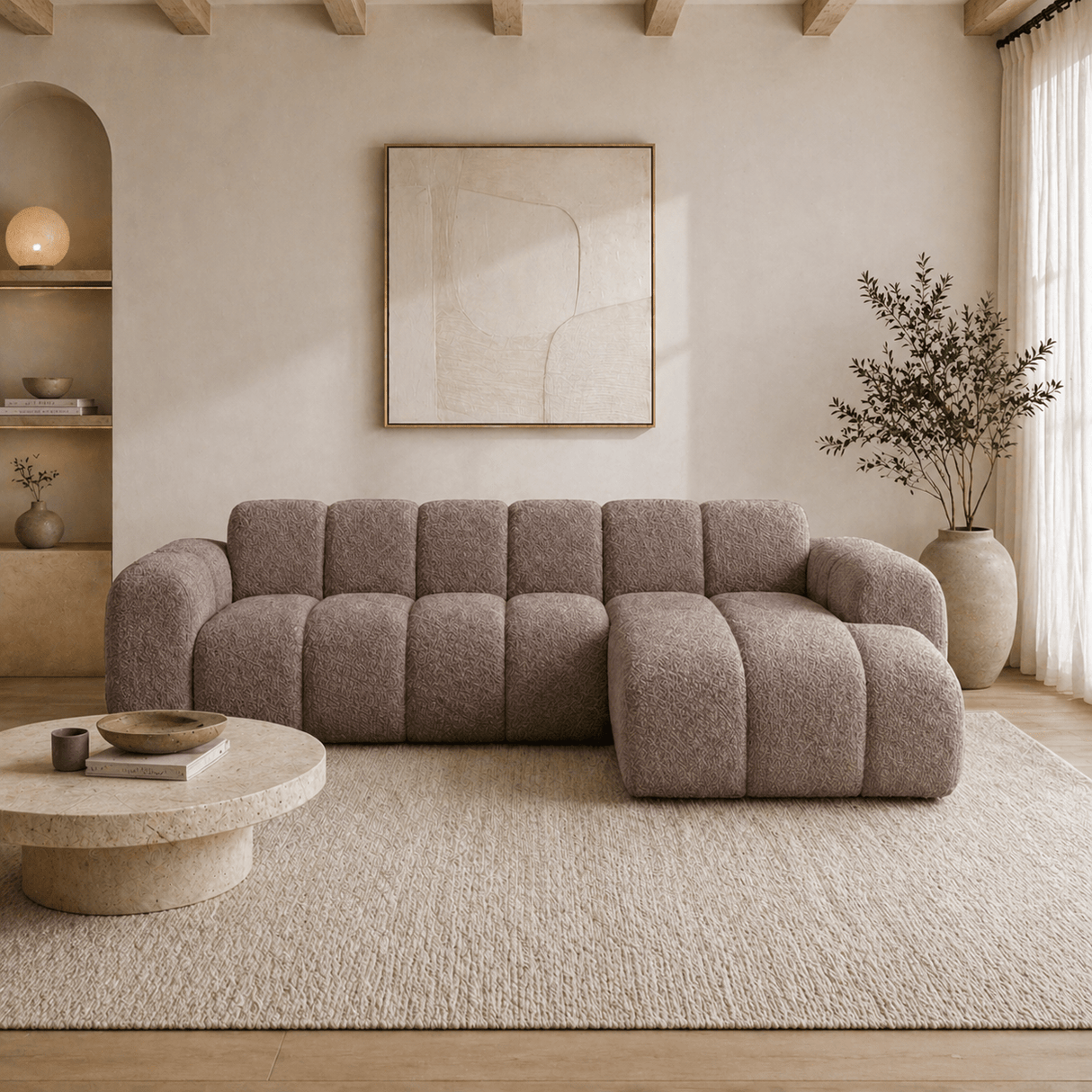 Hoekbank met lounge zacht bruin bouclé stof - strepen - rechts - Brix